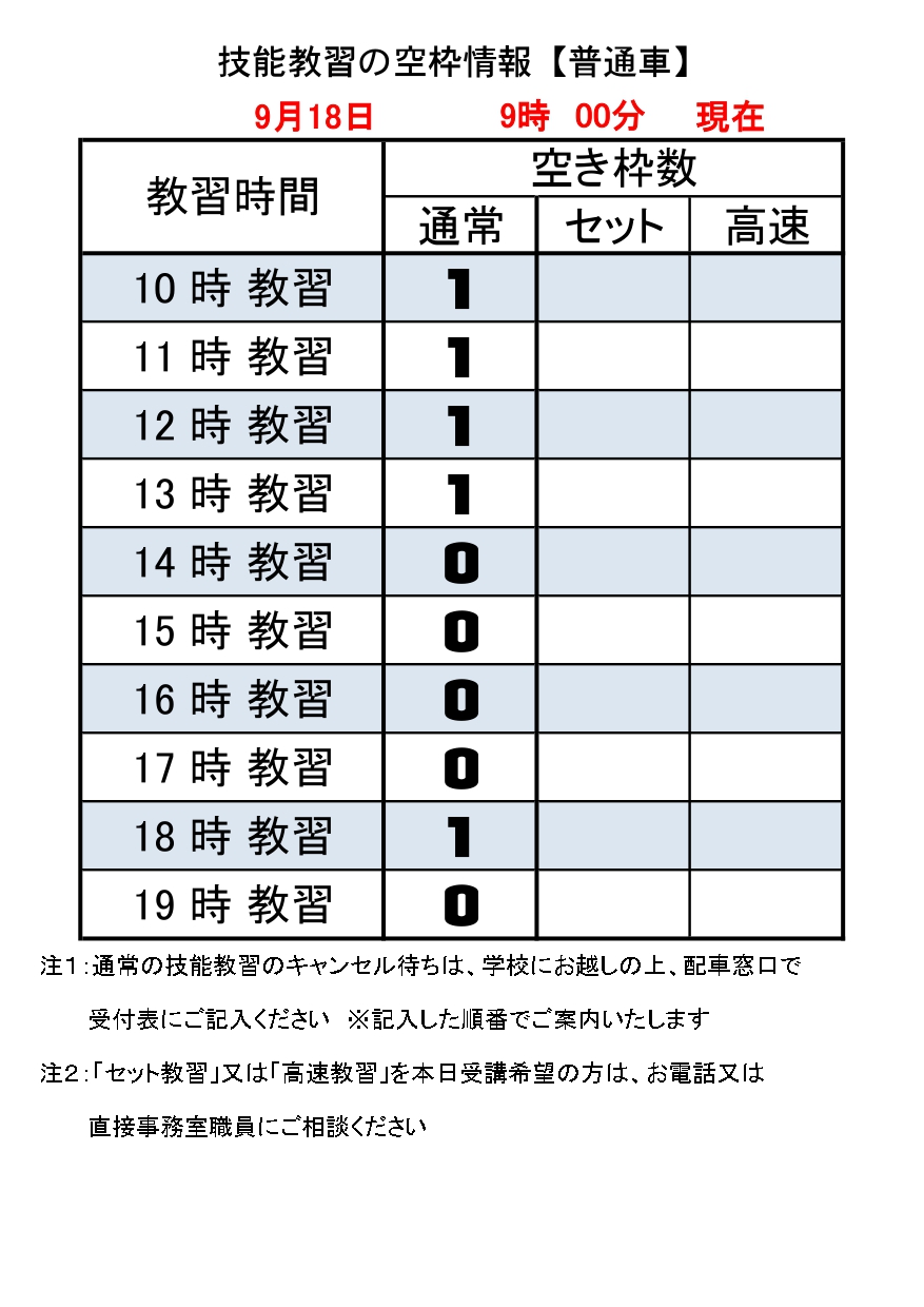 普通車技能教習の空き枠情報