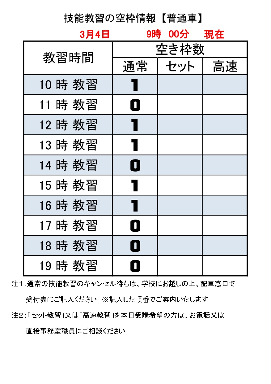 普通車技能教習の空き枠情報